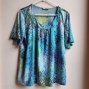 Alia Aqua Abstract Scoop Neck Jersey Size Large